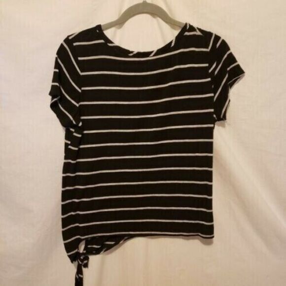 Olivia Ral Womens Sz L Black Gray Striped Short Sleeve Blouse - Picture 4 of 8